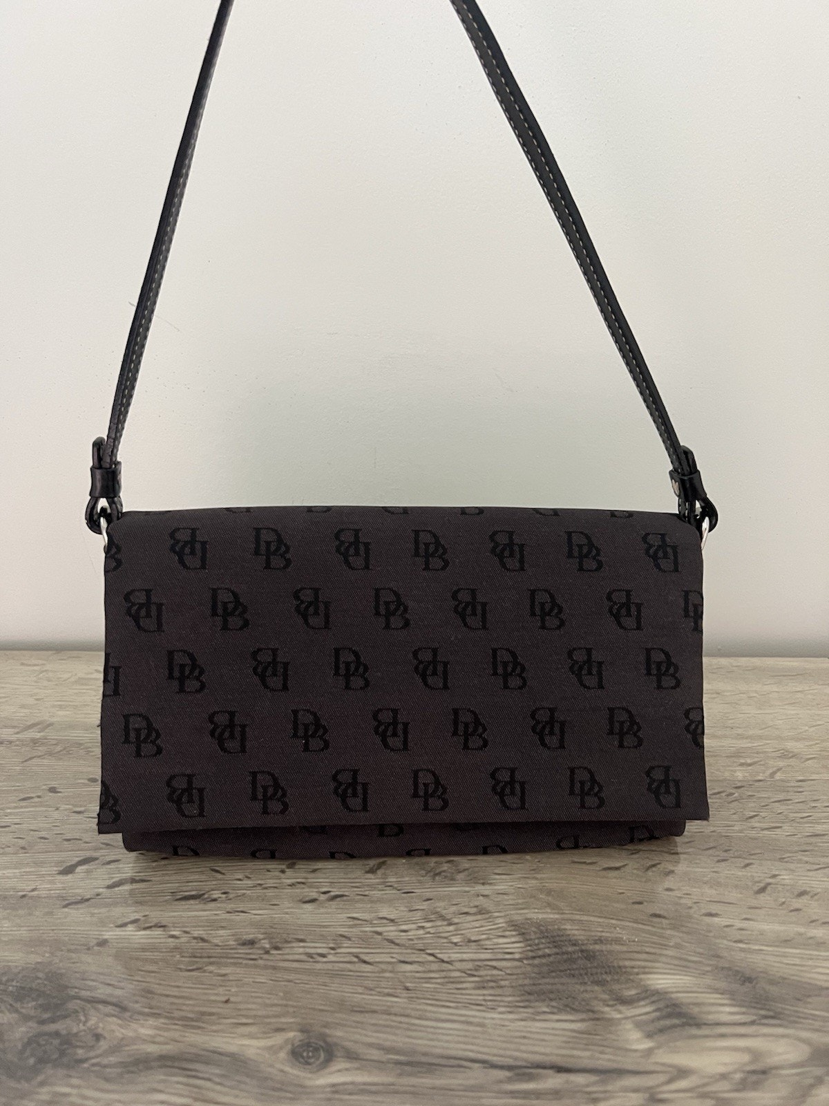 Dooney & Bourke Gray Black Y2k Monogram Canvas Baguette Flap Shoulder Bag Purse